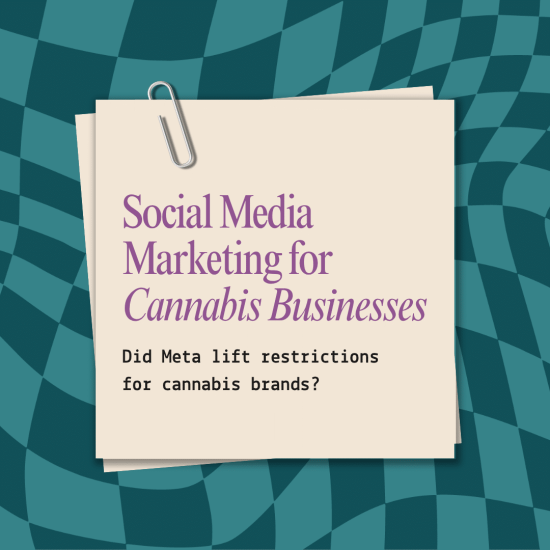 a retro dark teal checkered background with a paper-clipped note that reads "Social Media Marketing for Businesses" to represent a blog about cannabis social media marketing strategies